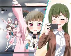  6+girls :d ^_^ arm_up battery_indicator beret black_bow black_hair blush blush_stickers bob_cut bow braid breasts brown_cardigan brown_choker brown_hair brown_hat cardigan center-flap_bangs choker closed_eyes closed_mouth collarbone collared_shirt colored_inner_hair commentary diagonal_bangs dream_believers dress dress_shirt female_pov flower frilled_dress frills fujishima_megumi green_hair hair_bow hair_bun hair_flower hair_ornament hairclip happy_tears hat holding holding_microphone holding_phone inverted_bob kachimachi_kosuzu katanashi_(ktnsh_popu) layered_dress link!_like!_love_live! long_hair looking_at_viewer love_live! medium_breasts microphone momose_ginko multicolored_clothes multicolored_dress multicolored_hair multiple_girls oogami_sachi open_cardigan open_clothes open_mouth otomune_kozue phone pink_dress pink_eyes pov purple_hair recording red_flower red_hair ribbed_dress shirt short_hair side_braids side_ponytail sidelocks single_side_bun smile split_mouth star_(symbol) star_hair_ornament straight_hair streaked_hair swept_bangs tearing_up tears two_side_up v-shaped_eyebrows virtual_youtuber white_hair white_shirt yugiri_tsuzuri 