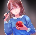  1girl apple black_background blue_shirt braid brown_hair closed_eyes facing_viewer food fruit glint holding holding_fruit holding_knife knife original rony shirt smile solo upper_body 