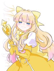 1girl 3so_mogg blue_eyes bow dress highres long_hair looking_at_viewer magia_sulfur mahou_shoujo_ni_akogarete solo white_background yellow_bow yellow_dress 