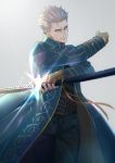  1boy akari88_qovop blue_coat blue_eyes closed_mouth coat devil_may_cry devil_may_cry_3 devil_may_cry_4 fingerless_gloves gloves highres holding holding_weapon katana male_focus sheath short_hair simple_background sword vergil weapon white_hair 