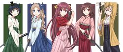  5girls ahoge asakaze_(kantai_collection) bangs black_hair black_hakama blonde_hair blue_bow blue_eyes blue_hakama bow brown_hair drill_hair feet_out_of_frame forehead green_eyes hair_between_eyes hair_bow hair_ornament hair_ribbon hakama happi harukaze_(kantai_collection) hat hatakaze_(kantai_collection) highres japanese_clothes kamikaze_(kantai_collection) kantai_collection katana kimono light_brown_hair long_hair looking_at_viewer matsukaze_(kantai_collection) meiji_schoolgirl_uniform mini_hat mini_top_hat multiple_girls nuppunuppu parted_bangs pink_hakama pink_kimono ponytail pose purple_hair red_bow red_eyes red_hakama red_kimono red_ribbon ribbon short_hair sidelocks sword tasuki top_hat twin_drills wavy_hair weapon white_kimono yellow_bow 