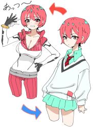  1girl amate_yuzuriha aqua_eyes aqua_skirt blush bodysuit breasts closed_mouth gundam gundam_gquuuuuux highres long_sleeves looking_at_viewer mecha_pilot_suit minorun9 multicolored_bodysuit multicolored_clothes necktie normal_suit open_mouth red_hair school_uniform science_fiction shirt short_hair simple_background skirt solo sweater white_background 