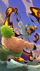  2boys absurdres battle bent_back black_vest blue_eyes blue_hair broly_(dragon_ball_super) clenched_hands dragon_ball dragon_ball_super dragon_ball_super_broly flying_kick gogeta green_hair highres kicking male_focus medium_hair metamoran_vest midair multiple_boys muscular muscular_male nishitakuart open_clothes open_vest pants purple_pants spiky_hair topless_male vest white_pants 