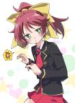  1girl anger_vein black_jacket blush character_request closed_mouth copyright_request green_eyes hair_ribbon ixy jacket long_sleeves looking_at_viewer necktie ponytail red_neckwear red_skirt redhead ribbon school_uniform skirt solo yellow_ribbon 
