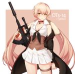  1girl bangs bare_shoulders black_coat black_ribbon blonde_hair blush braid breasts character_name choker cleavage closed_eyes coat commentary contrapposto corset cowboy_shot fur-trimmed_coat fur_trim girls_frontline gun hair_between_eyes highres holding holding_gun holding_weapon long_hair long_sleeves looking_at_viewer low_twintails medium_breasts miniskirt narynn off_shoulder ots-14 ots-14_(girls_frontline) parted_lips pink_background pleated_skirt red_choker ribbon rifle side_braid skirt sniper_rifle solo star thigh_strap trigger_discipline twintails two-tone_background unzipped very_long_hair weapon white_skirt zipper 