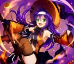  1girl armpits black_footwear boots breasts broom broom_riding brown_legwear candy commentary detached_sleeves fire_emblem fire_emblem:_akatsuki_no_megami fire_emblem:_souen_no_kiseki fire_emblem_heroes food gloves green_eyes halloween hat headband jurge long_hair looking_at_viewer medium_breasts midriff navel_cutout neckerchief nintendo open_mouth purple_hair smile solo thigh-highs wayu_(fire_emblem) wide_sleeves witch_hat 