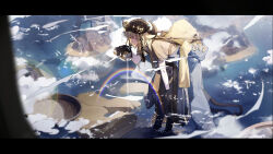  1girl absurdres animal_ears arknights bag bent_over black_gloves black_pants brown_hair brown_hat brown_shirt can closed_mouth clouds day flower gloves green_eyes hand_on_own_knee harness hat hat_flower highres holding holding_can horns lens_flare letter loftcat long_hair outdoors pallas_(a_drip_of_orea_and_potamous)_(arknights) pallas_(arknights) pants pouring rainbow rock shadow shirt short_sleeves solo wading water 