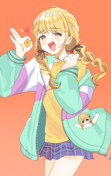  1girl blonde_hair blue_skirt blush braid chibigurumi fang fujita_kotone gakuen_idolmaster heart highres idolmaster jacket long_hair long_sleeves miniskirt mochi_daneko multicolored_clothes multicolored_jacket ok_sign orange_background pleated_skirt shirt simple_background skin_fang skirt smile solo sweatdrop thighs twin_braids yellow_eyes yellow_shirt 
