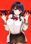  1girl black_hair blue_eyes breasts character_name eyebrows_visible_through_hair jacket large_breasts long_hair looking_at_viewer parted_lips raised_eyebrows red_background red_ribbon ribbon skirt solo ssss.gridman sumisumii takarada_rikka thighs white_jacket 