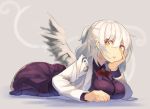  1girl alternate_eye_color arm_support ass bangs bow bowtie breast_rest breasts chin_rest commentary_request dress eyebrows_visible_through_hair feathered_wings grey_background hair_between_eyes half_updo hand_up jacket kishin_sagume large_breasts long_sleeves looking_at_viewer lying on_stomach open_clothes open_jacket orange_eyes parted_lips purple_dress red_bow red_neckwear rin_falcon shadow short_hair silver_hair simple_background single_wing solo touhou white_jacket white_wings wings 