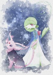  baya_(sakura_mint) bob_cut colored_skin dress espeon forehead_jewel gardevoir green_hair green_skin highres multicolored_skin pink_eyes pokemon pokemon_(creature) purple_fur see-through_clothes two-tone_skin watermark white_dress white_skin 