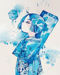  1girl blue_hair closed_eyes cube droplet floating highres maruti_bitamin no_mouth original photo short_hair solo traditional_media upper_body water wave_print 