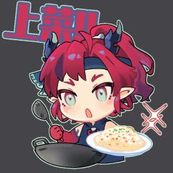  1boy arknights black_headband blush_stickers chibi chibi_only chinese_commentary chinese_text commentary_request green_eyes headband holding holding_plate male_focus mixed-language_commentary mxd_taolifly no_nose open_mouth plate pointy_ears red_hair rice short_hair simple_background solo translation_request transparent_background yu_(arknights) 