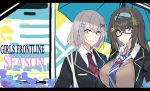  2girls black_hair breasts brown_eyes character_request commentary_request echj english girls_frontline glasses grey_hair hair_ornament hairband hairclip large_breasts multiple_girls necktie school_uniform umbrella uniform vector_(girls_frontline) yellow_eyes 