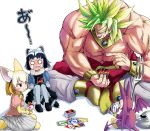  1boy 2girls animal_ears blank_eyes blonde_hair boots bracelet broly card chest closed_mouth commentary_request common_raccoon_(kemono_friends) crossover crying crying_with_eyes_open doitsuken dragon_ball dragon_quest dragonball_z earrings fennec_(kemono_friends) fork full_body holding holding_card indian_style jewelry kemono_friends knees_up legendary_super_saiyan long_hair metal_slime minidemon multiple_crossover multiple_girls muscle necklace o_o open_mouth pants playing_card playing_games pointing raccoon_ears shirtless sitting smile spiky_hair streaming_tears tears uno_(game) 