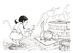  1girl 1other absurdres bath_brush buckle carrot_(pepper&amp;carrot) cat clenched_teeth closed_eyes david_revoy footrest hair_behind_ear highres indoors medium_hair open_mouth pepper&amp;carrot pepper_(pepper&amp;carrot) robe rug sandals soap steam teeth towel vat water window wooden_floor 