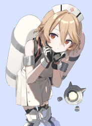  1girl ahoge arm_cuffs blonde_hair braid commentary_request dress expressionless feet_out_of_frame gloves hair_between_eyes hat highres hitogome metal_arm_cuffs non-humanoid_robot nurse nurse_cap nurse_robot_type_t orange_eyes parted_bangs robot short_hair side_braids simple_background sleeveless solo tank_(container) utau white_dress 