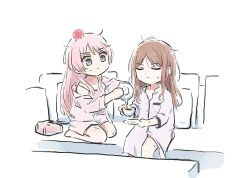 2girls bang_dream! bang_dream!_it's_mygo!!!!! bite_mark_on_leg brown_hair camisole chihaya_anon closed_eyes commentary_request couch cup dress grey_eyes hair_dryer holding holding_cup holding_teapot injury long_hair lyy multiple_girls nagasaki_soyo pajamas pink_camisole pink_hair pink_shirt pink_shorts pouring scrape shirt shorts sidelocks single_off_shoulder sitting teapot white_dress yuri 