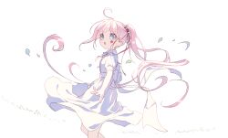  1girl blush center_frills collared_dress dress facial_mark feet_out_of_frame floating_hair flower frills green_eyes hair_flower hair_ornament hair_ribbon highres long_hair mechuragi neck_ribbon parted_lips petals pink_hair puffy_short_sleeves puffy_sleeves red_flower red_ribbon ribbon short_sleeves side_ponytail sidelocks simple_background solo star_(symbol) uni_(vocaloid) very_long_hair vocaloid white_background white_dress white_ribbon 