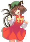  1girl animal_ear_fluff animal_ears bow bowtie brown_hair cat_ears cat_tail chen commentary cowboy_shot dress fang gold green_hat hat highres jewelry long_sleeves looking_at_viewer mob_cap multiple_tails nekomata open_mouth paw_pose red_dress red_eyes shirt short_hair simple_background single_earring solo tail tonbo_(11023) touhou two_tails white_background white_shirt yellow_bow 