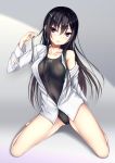  1girl absurdres black_hair black_swimsuit collarbone commentary_request competition_swimsuit dress_shirt grey_background highres kurokami_(kurokaminohito) kurono_mika long_hair looking_at_viewer one-piece_swimsuit open_clothes open_shirt original red_eyes shirt sitting solo swimsuit wariza white_shirt 