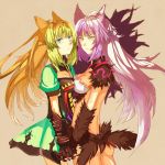  2girls animal_ears ass atalanta_(alter)_(fate) atalanta_(fate) breasts brown_background cat_ears cowboy_shot fate/grand_order fate_(series) gloves green_eyes green_hair hand_holding long_hair looking_at_viewer medium_breasts multiple_girls purple_hair shadow sideboob small_breasts x10-a yellow_eyes 