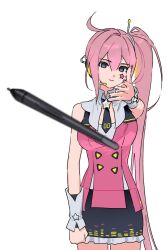  1girl bare_shoulders black_skirt blurry blurry_foreground breasts closed_mouth depth_of_field detached_sleeves facial_mark frilled_skirt frills grey_eyes headset highres jacket long_hair looking_at_viewer mechuragi medium_breasts meme miniskirt nail_polish necktie pencil_skirt pink_hair pink_jacket pink_nails short_necktie side_ponytail simple_background skirt sleeveless sleeveless_jacket solo standing star_(symbol) star_facial_mark stylus throwing uni_(vocaloid) very_long_hair vocaloid white_background woe_plague_be_upon_ye_(meme) 