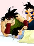  3boys anger_vein annoyed bandanna bardock black_eyes black_hair blanket chin_rest closed_eyes dougi dragon_ball dragonball_z elbow_rest expressionless family father_and_son finger_to_mouth fingernails frown grandfather_and_grandson green_shirt hand_on_own_face looking_at_another lying male_focus masa_(p-piyo) multiple_boys muscle nervous open_mouth pectorals pink_background red_bandana scar shirt short_hair simple_background sleeping son_gokuu son_goten spiky_hair sweatdrop time_paradox translated upper_body wristband 