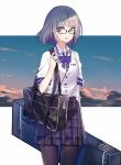  1girl bag bow bowtie case check_commentary clouds commentary commentary_request earphones echj girls_frontline glasses highres looking_at_viewer pantyhose pleated_skirt school_bag school_uniform skirt sky solo star_(sky) starry_sky uniform vector_(girls_frontline) 