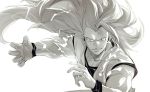  1boy absurdly_long_hair blurry depth_of_field dougi dragon_ball dragonball_z fighting_stance fingernails floating_hair frown greyscale grin highres long_hair looking_at_viewer male_focus monochrome no_eyebrows simple_background smile son_gokuu super_saiyan_3 upper_body very_long_hair white_background wristband 
