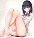  1girl ass bangs barefoot between_legs black_hair black_skirt blue_eyes blush bow breasts closed_mouth collared_shirt commentary crossed_ankles feet feet_out_of_frame hand_between_legs knees_up legs legs_together light_smile long_hair long_sleeves looking_at_viewer medium_breasts microskirt neneru pleated_skirt red_neckwear revision school_uniform scrunchie shirt sitting skirt smile solo ssss.gridman sweater takarada_rikka thighs toes white_background white_sweater wrist_scrunchie 