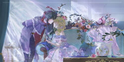  1boy 1girl ;) arm_behind_back arm_support athanasia_de_alger_obelia bare_arms bare_shoulders belt black_hair black_pants blonde_hair blue_ribbon blush brown_belt candle capelet closed_eyes closed_mouth cloth coat cookie couch creamer_(vessel) curtains cushion dated dress feet_out_of_frame floral_print flower food frilled_dress frills gown hair_flower hair_ornament hair_over_shoulder hair_ribbon herbarium highres holding_cloth imminent_kiss indoors instagram_username juanone88 layered_sleeves leaf leaning_forward light_particles long_dress long_hair long_sleeves looking_at_another lucas_(who_made_me_a_princess) multicolored_clothes multicolored_dress off-shoulder_dress off_shoulder one_eye_closed orange_flower pants pink_dress pink_flower pink_rose plant plate ponytail popped_collar profile purple_capelet purple_coat purple_dress purple_flower red_eyes red_flower red_ribbon red_rose ribbon rose see-through_curtains shadow shirt short_over_long_sleeves short_sleeves sidelocks sideways_glance sitting smile standing sugar_bowl sunlight table tassel teapot twitter_username white_dress white_flower white_shirt who_made_me_a_princess wind wispy_bangs yellow_flower 