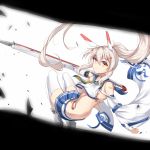  1girl ayanami_(azur_lane) azur_lane bandaid_on_arm blonde_hair breasts detached_sleeves hair_ornament hairclip highres long_hair looking_at_viewer pleated_skirt ponytail red_eyes skirt solo sword thigh-highs under_boob weapon white_background white_legwear wide_sleeves xin_(zinc) 
