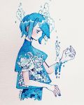  1girl blue_hair droplet highres looking_down maruti_bitamin no_mouth original photo profile severed_hand short_hair short_sleeves solo traditional_media upper_body water wave_print waves white_background 