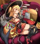 1girl absurdres admiral_hipper_(azur_lane) ahoge alternate_costume arm_strap azur_lane bangs blonde_hair blush candy choker elbow_gloves eyebrows_visible_through_hair food full_body gloves green_eyes hair_between_eyes halloween hat highres iron_cross long_hair looking_at_viewer lying mole on_side open_mouth pumpkin seriya shoes sidelocks smile solo star thigh-highs thighs two_side_up witch_hat 