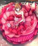 1girl :d akiyoshi_(tama-pete) blurry bouquet breasts brown_hair depth_of_field dress earrings eyebrows_visible_through_hair flower frilled_dress frills from_above full_body gloves hair_flower hair_ornament happy hat jewelry light_smile looking_at_viewer looking_up meiko necklace open_mouth orange_flower pink_dress pink_flower pink_gloves pink_rose polka_dot polka_dot_dress purple_flower red_eyes red_flower red_rose ribbon rose short_hair sleeveless sleeveless_dress smile solo vocaloid white_flower 