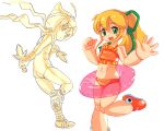  2girls blonde_hair bow child green_bow hair_bow high_ponytail long_hair multiple_girls om_(nk2007) open_mouth rockman rockman_(classic) roll smile standing swimsuit triforce weapon 
