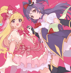  2girls asahina_mirai black_gloves black_hat blonde_hair blunt_bangs bow breasts closed_mouth cowboy_shot cure_magical cure_miracle detached_sleeves dress dutch_angle elbow_gloves eyelashes gloves hair_bow hat holding_hands izayoi_liko light_smile long_hair looking_at_viewer magical_girl mahou_girls_precure! mini_hat mofurun_(mahou_girls_precure!) multiple_girls one_side_up open_mouth outstretched_arm pink_background pink_bow pink_dress pink_eyes pink_hat precure puffy_short_sleeves puffy_sleeves purple_dress purple_hair red_bow short_sleeves simple_background small_breasts smile standing straight_hair two_side_up urabe_(mstchan) violet_eyes white_gloves witch_hat 