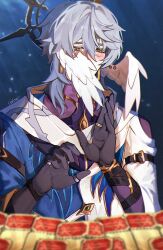  1boy black_gloves black_shirt blue_jacket blush commentary covering_own_mouth earrings feathered_wings gloves grey_hair hair_between_eyes halo halo_behind_head head_wings highres honkai:_star_rail honkai_(series) jacket jewelry long_sleeves male_focus medium_hair moonya multicolored_clothes multicolored_jacket multiple_rings piercing ring scarf shirt solo sunday_(honkai:_star_rail) symbol-only_commentary two-tone_jacket white_jacket white_scarf white_wings wing_piercing wings yellow_eyes 