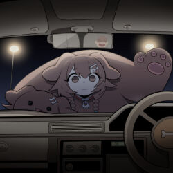  1girl absurdres animal_ears bone_hair_ornament braid brown_eyes brown_hair car_interior cartoon_bone cocomayo29_(tomato) collar commentary_request dog_ears dog_girl empty_eyes hair_ornament highres holding_mascot_head hololive inugami_korone inugami_korone_(dog) korean_commentary lamppost listener_(inugami_korone) long_hair mascot_costume mirror night photo-referenced red_collar solo steering_wheel twin_braids virtual_youtuber 