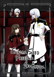  1boy 2girls blue_eyes blush breasts brown_hair chair coat cup disposable_cup drinking_straw ezalia_joule gundam gundam_seed gundam_seed_freedom highres holding indoors long_hair long_sleeves mikami_xsx military military_uniform mother_and_son movie_theater multiple_girls open_mouth shiho_hahnenfuss shirt short_hair sitting smile sunglasses theater violet_eyes white_hair yzak_joule zaft_uniform 