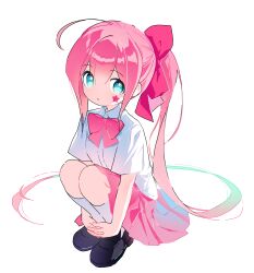  1girl :o absurdres ahoge black_footwear bow collared_shirt full_body green_eyes hair_between_eyes hair_bow highres hugging_own_legs loafers long_hair looking_at_viewer mechuragi parted_lips pink_bow pink_hair pink_skirt pleated_skirt ponytail shirt shoes short_sleeves simple_background skirt socks solo squatting uni_(vocaloid) very_long_hair vocaloid white_background white_shirt white_socks 