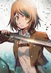  1girl aoki_(fumomo) bangs brown_hair brown_jacket collared_shirt eyebrows_visible_through_hair holding holding_sword holding_weapon jacket long_sleeves medium_hair military military_uniform open_clothes open_jacket orange_eyes paradis_military_uniform petra_ral shingeki_no_kyojin shirt solo survey_corps_(emblem) sword three-dimensional_maneuver_gear uniform upper_body v-shaped_eyebrows weapon white_shirt 