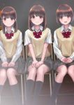  3girls :d black_legwear blurry blurry_background blush bow brown_eyes brown_hair chair chikuwa_(odennabe) closed_mouth collared_shirt commentary_request depth_of_field feet_out_of_frame grey_skirt hands_on_lap kneehighs long_hair multiple_girls on_chair open_mouth original pleated_skirt red_bow school_uniform shirt short_hair short_sleeves sitting skirt smile sweater_vest white_shirt 
