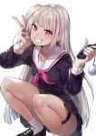  1girl bada_(jksh5056) bangs black_footwear black_skirt blush breasts cellphone collarbone eyebrows_visible_through_hair girls_frontline grey_hair grin heterochromia holding holding_phone loafers long_hair looking_at_viewer mdr_(girls_frontline) medium_breasts multicolored_hair one_side_up phone pink_eyes pink_hair pink_neckwear school_uniform serafuku shirt shoes side_ponytail sidelocks skirt smartphone smile socks solo squatting streaked_hair thigh_strap v white_background white_legwear 