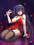  1girl :q azur_lane bare_shoulders black_background black_hair blush breasts brown_legwear champagne_flute collarbone cup dress drinking_glass garter_belt gg-e highres large_breasts long_hair looking_at_viewer petals red_dress red_eyes rose_petals side_ponytail solo taihou_(azur_lane) thighs tongue tongue_out 