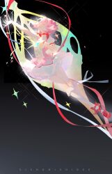  1girl absurdres arm_up black_background bubble_skirt choker closed_eyes closed_mouth dress full_body gloves glowing hair_ribbon hand_on_own_chest hand_up highres kaname_madoka kaname_madoka_(magical_girl) kneehighs magical_girl mahou_shoujo_madoka_magica mahou_shoujo_madoka_magica_(anime) outstretched_arm pink_dress pink_hair red_choker red_footwear ribbon shoes short_hair short_twintails sichu_mishi_de_da_e skirt socks solo sparkle twintails white_gloves 