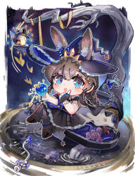  1girl :d ambience_synesthesia amiya_(ambience_synesthesia_2024)_(arknights) amiya_(arknights) animal_ears apple arknights black_gloves black_pantyhose blue_apple blue_eyes brown_hair chibi chibi_only chinese_commentary commentary_request crossed_bangs english_commentary fingerless_gloves food frills fruit full_body gloves hair_between_eyes hat highres jewelry long_hair looking_at_viewer mixed-language_commentary mxd_taolifly official_alternate_costume open_mouth pantyhose partial_commentary purple_hat ring single_glove sitting smile solo witch_hat 