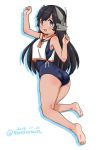  1girl ass barefoot black_hair blue_swimsuit brown_hair dated from_behind full_body headgear i-400_(kantai_collection) kantai_collection long_hair looking_at_viewer looking_back masara_(masalucky2010) open_mouth orange_sailor_collar sailor_collar sailor_shirt school_swimsuit shirt sleeveless sleeveless_shirt solo swimsuit tan tanline twitter_username upper_teeth white_background 
