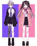  2girls black_coat black_footwear black_hair black_skirt blue_eyes blush boots border bow bowtie choker coat full_body grey_hair highres jewelry kaga_nazuna kaga_sumire long_hair long_sleeves looking_at_viewer misumi_(macaroni) multiple_girls necktie pantyhose pink_background pink_coat pleated_skirt purple_background purple_neckwear red_neckwear shirt shoes short_hair short_sleeves simple_background single_earring single_thighhigh skirt smile standing thigh-highs virtual_youtuber white_background white_border white_legwear white_shirt 